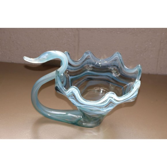 1970s Sooner Glass Multi Color Blue Swirl Swan Bowl with Ruffled Rim - Picture 2 of 9